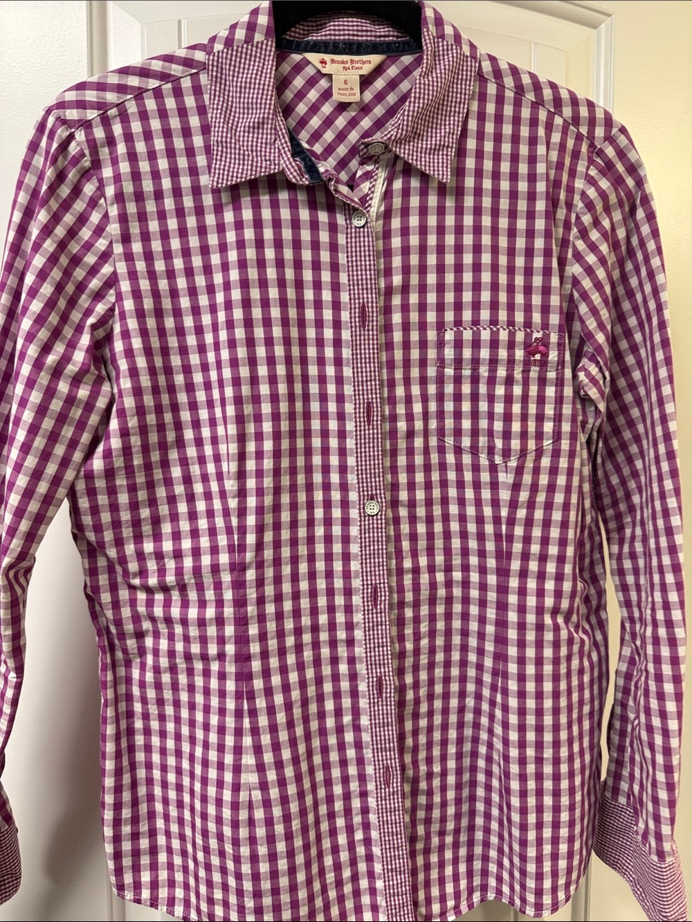 Brooks Brothers Red Fleece Women’s Purple and White Gingham Button-Down Shirt
